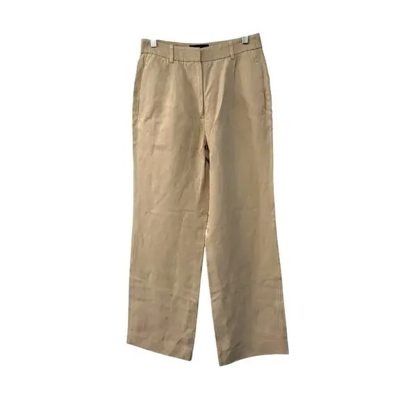 Nili Lotan 2 Dayton $675 Linen Silk Pants High Rise Wide Leg Trouser Pleated Tan